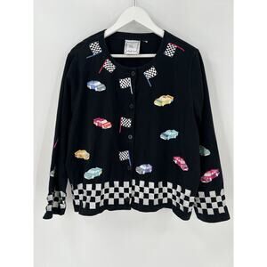 Michael Simon Lite Jacket Womens Medium Black Racecar Racing Flag Cars Buttons